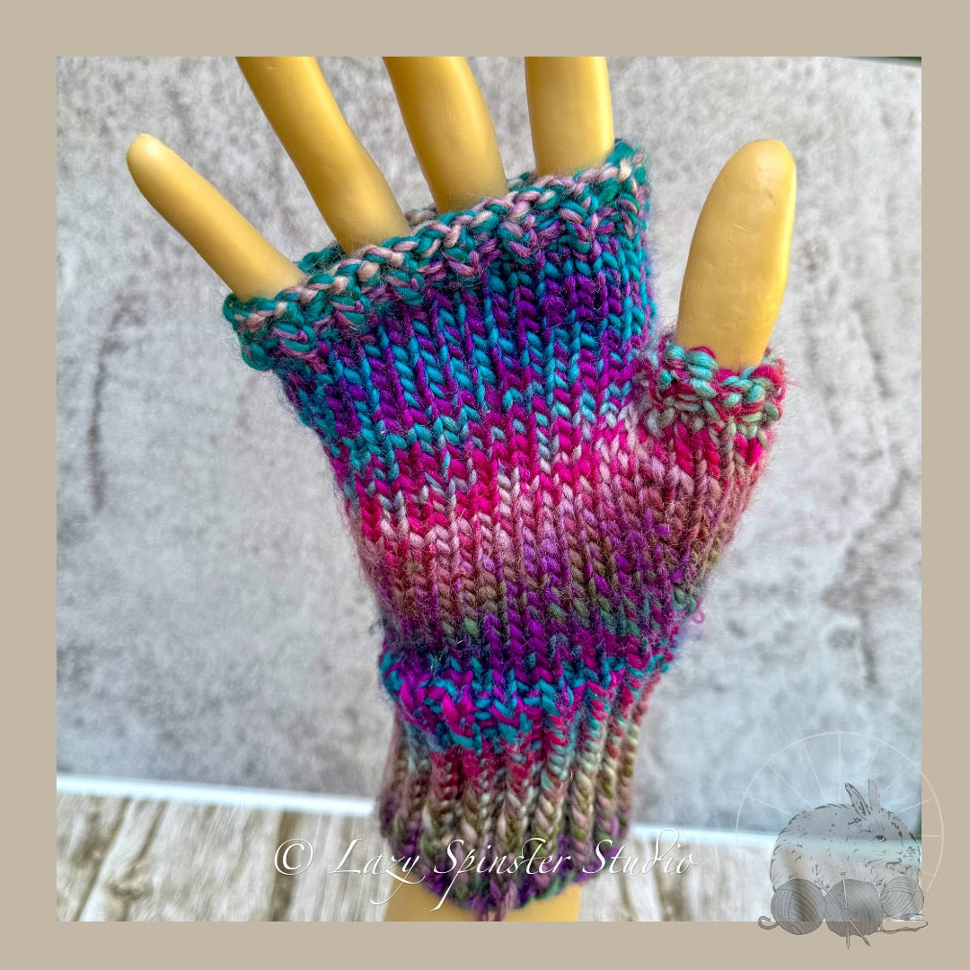 Enchanted Twilight Knit Fingerless Mitts in Blue, Pink & Purple
