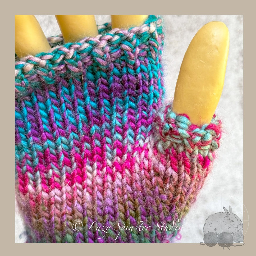 Enchanted Twilight Knit Fingerless Mitts in Blue, Pink & Purple