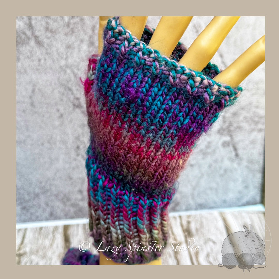 Enchanted Twilight Knit Fingerless Mitts in Blue, Pink & Purple