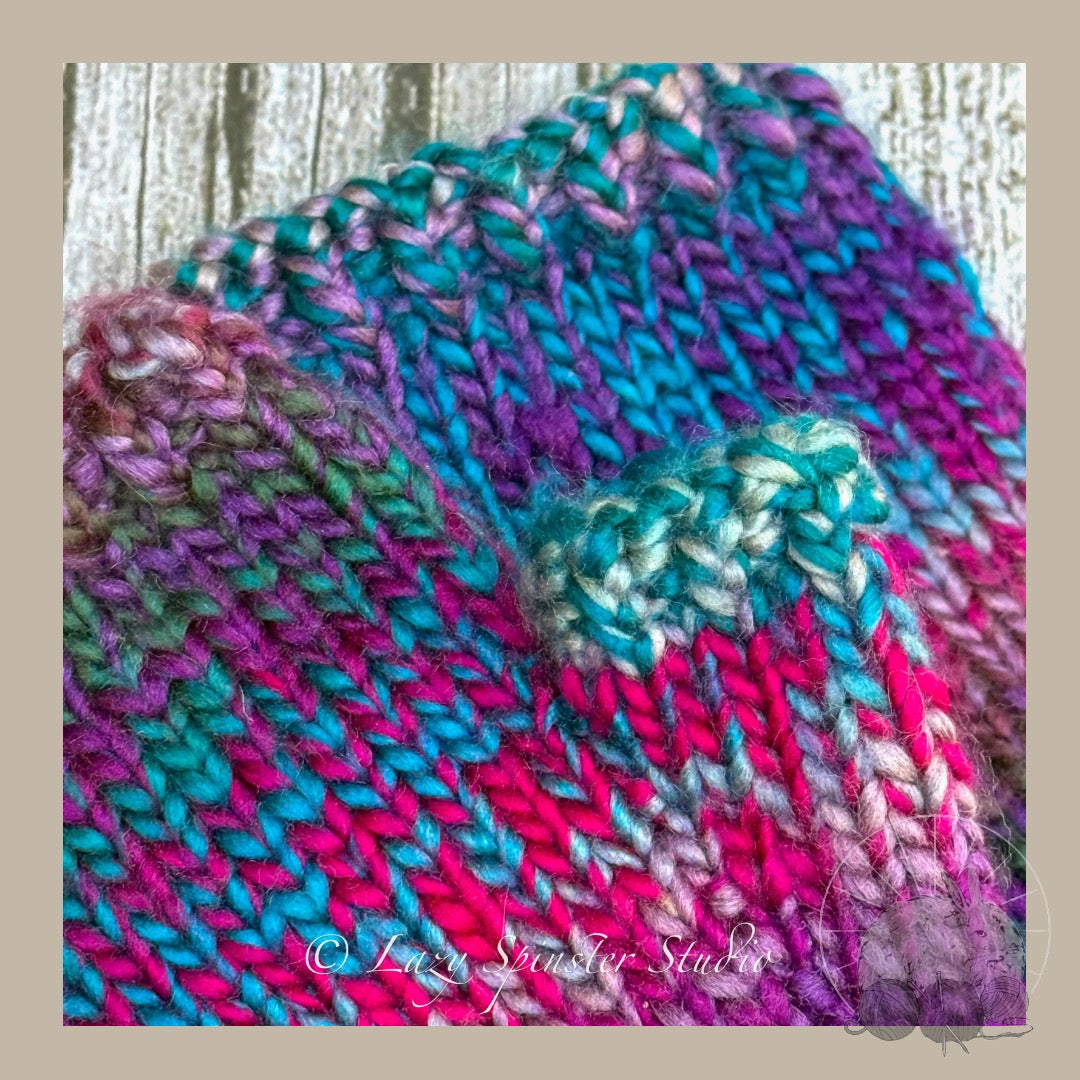 Enchanted Twilight Knit Fingerless Mitts in Blue, Pink & Purple