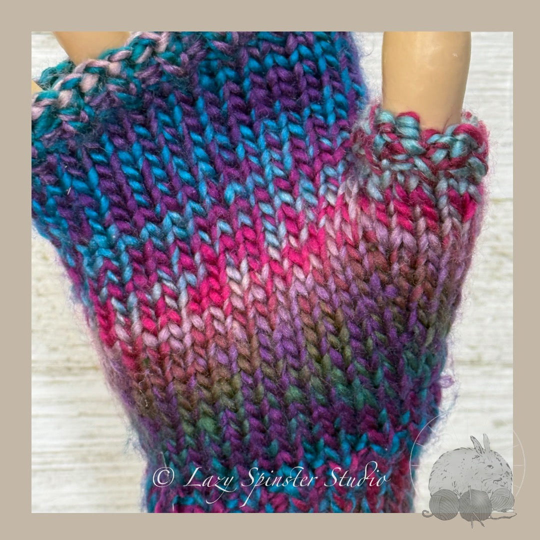 Enchanted Twilight Knit Fingerless Mitts in Blue, Pink & Purple