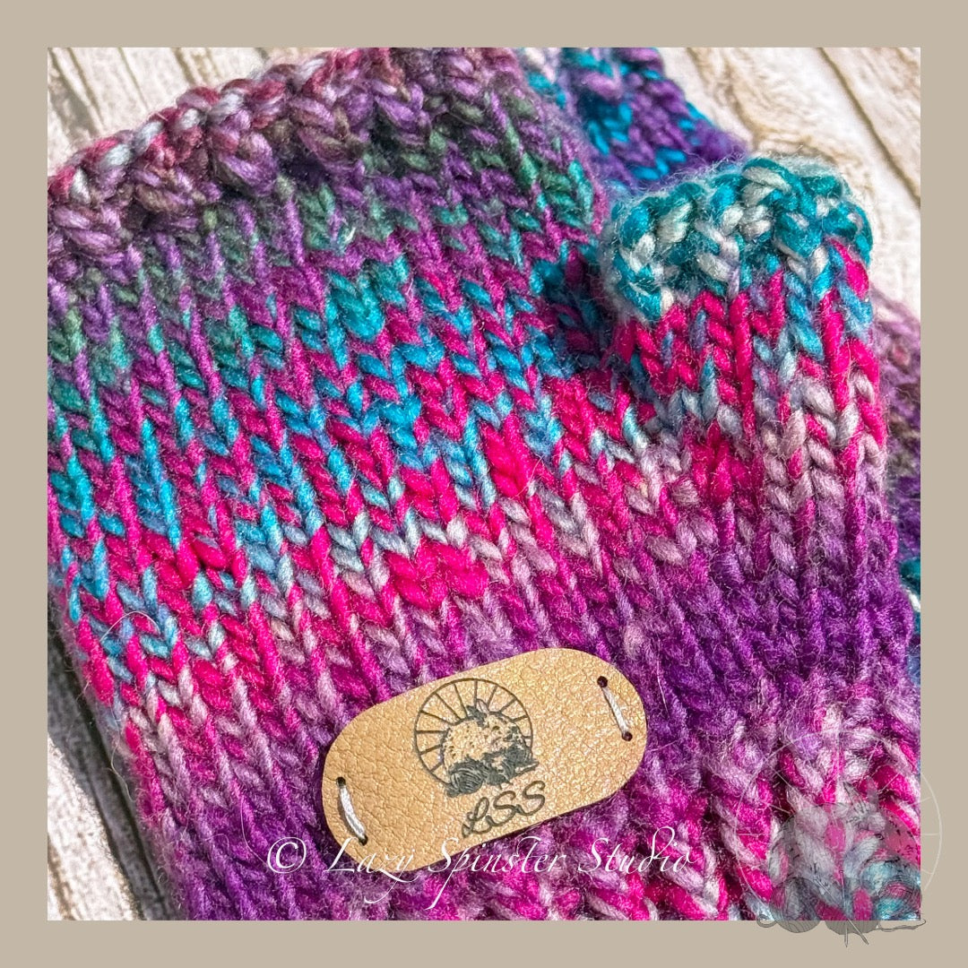 Enchanted Twilight Knit Fingerless Mitts in Blue, Pink & Purple