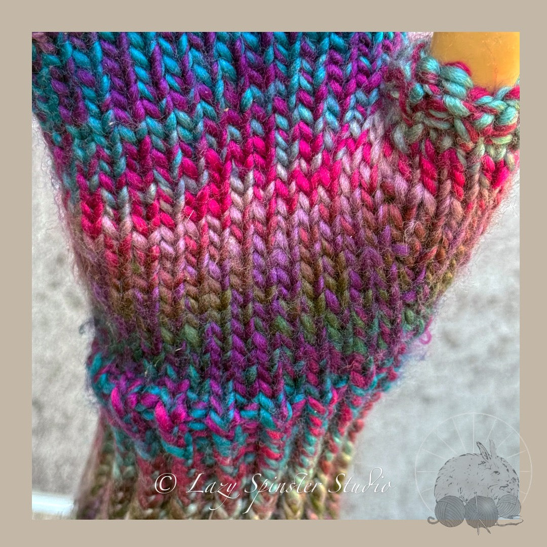 Enchanted Twilight Knit Fingerless Mitts in Blue, Pink & Purple