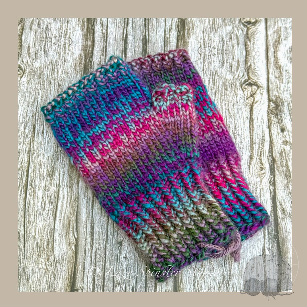 Enchanted Twilight Knit Fingerless Mitts in Blue, Pink & Purple