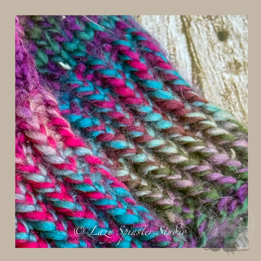 Enchanted Twilight Knit Fingerless Mitts in Blue, Pink & Purple