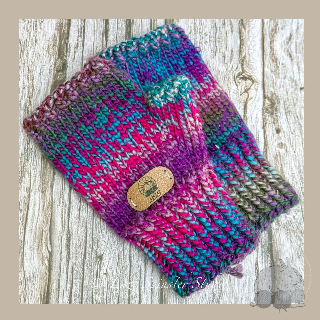Enchanted Twilight Knit Fingerless Mitts in Blue, Pink & Purple