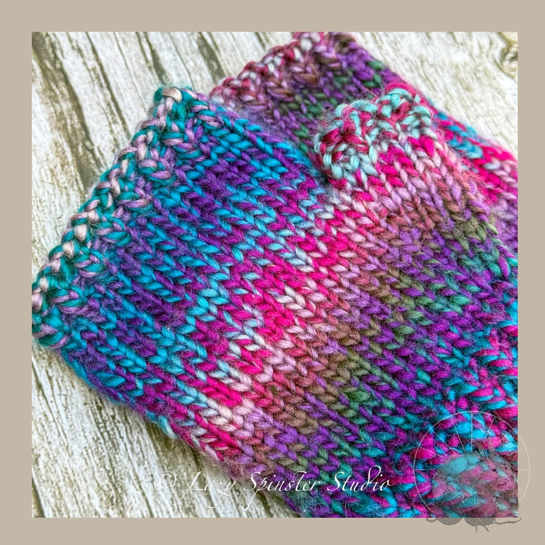 Enchanted Twilight Knit Fingerless Mitts in Blue, Pink & Purple