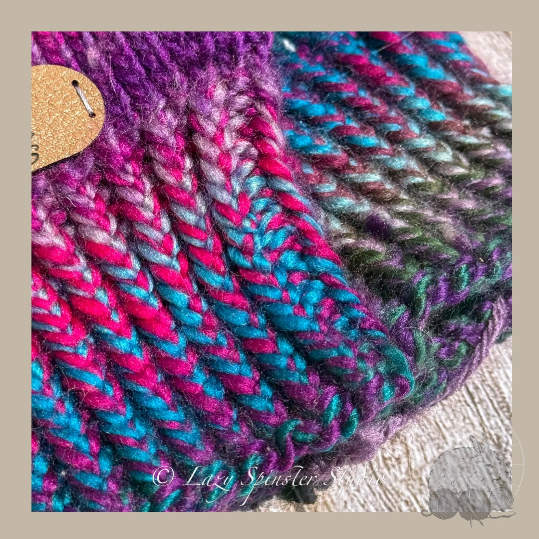 Enchanted Twilight Knit Fingerless Mitts in Blue, Pink & Purple