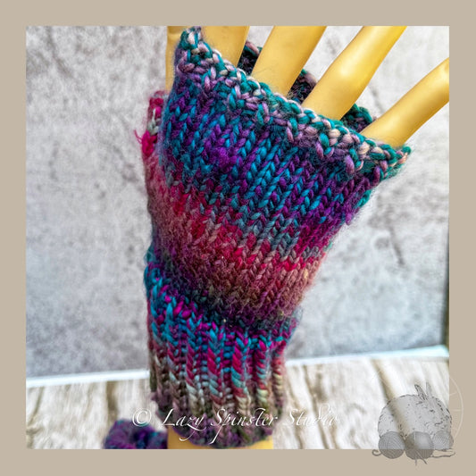 Enchanted Twilight Knit Fingerless Mitts in Blue, Pink & Purple