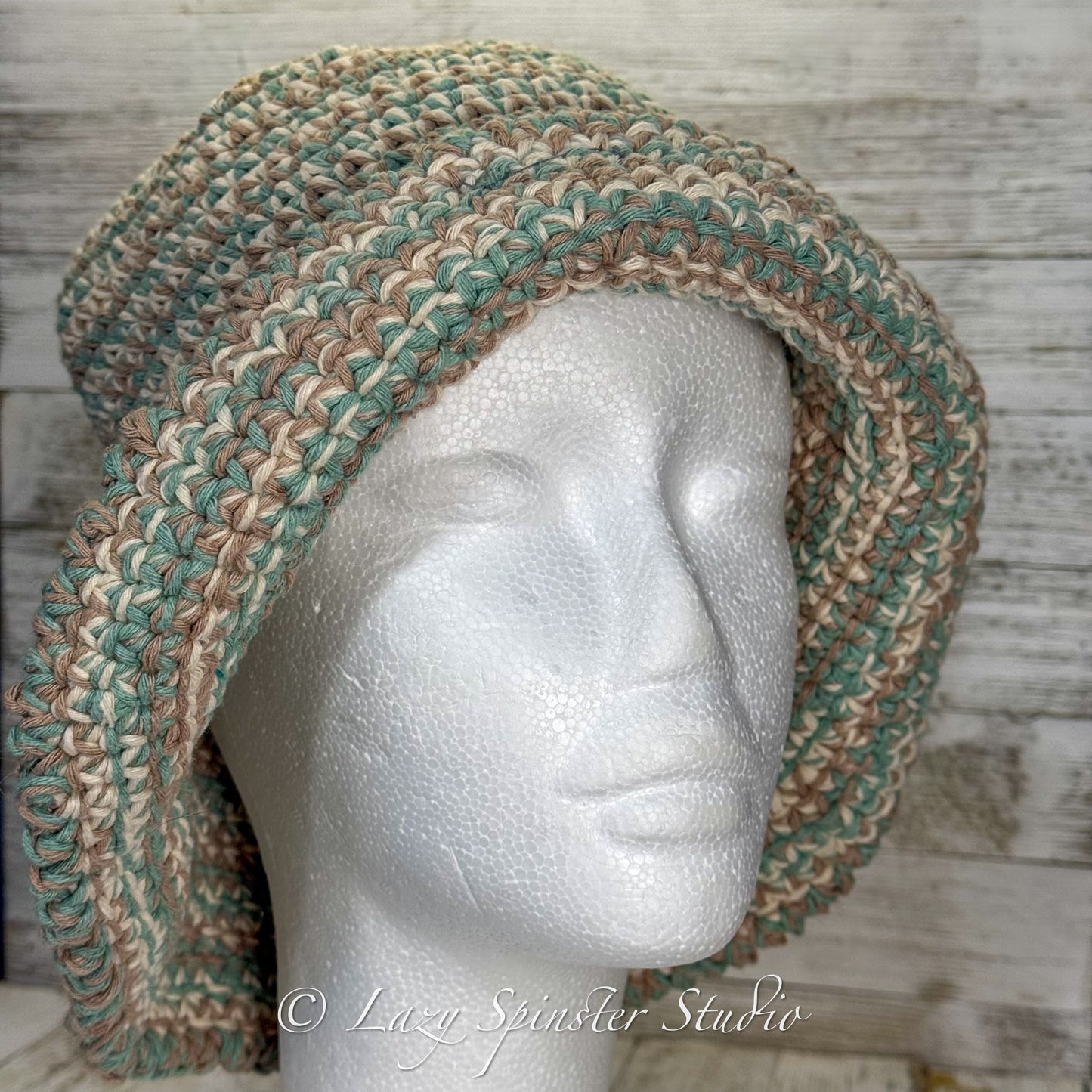 Crochet Bucket Hat; Green, White and Brown