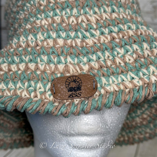 Crochet Bucket Hat; Green, White and Brown