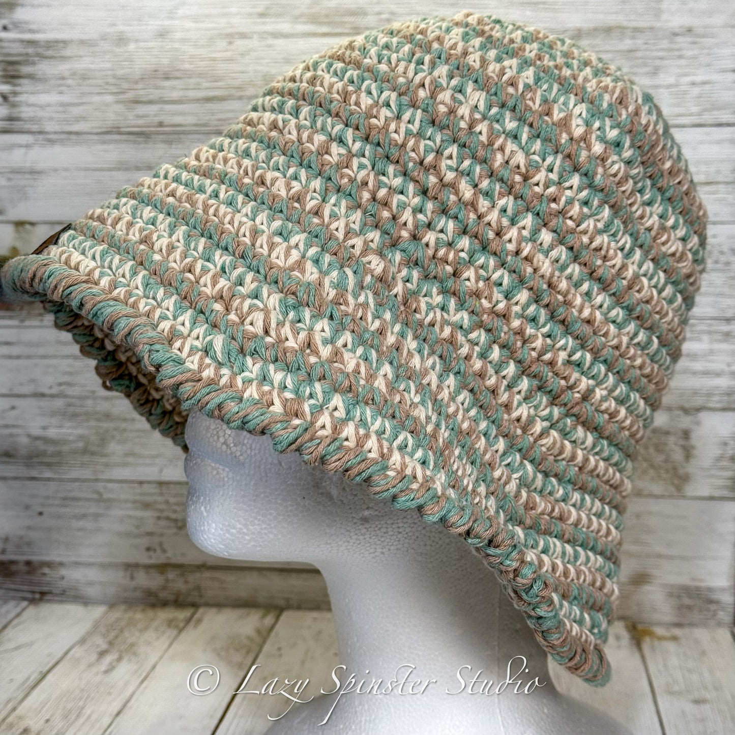 Crochet Bucket Hat; Green, White and Brown