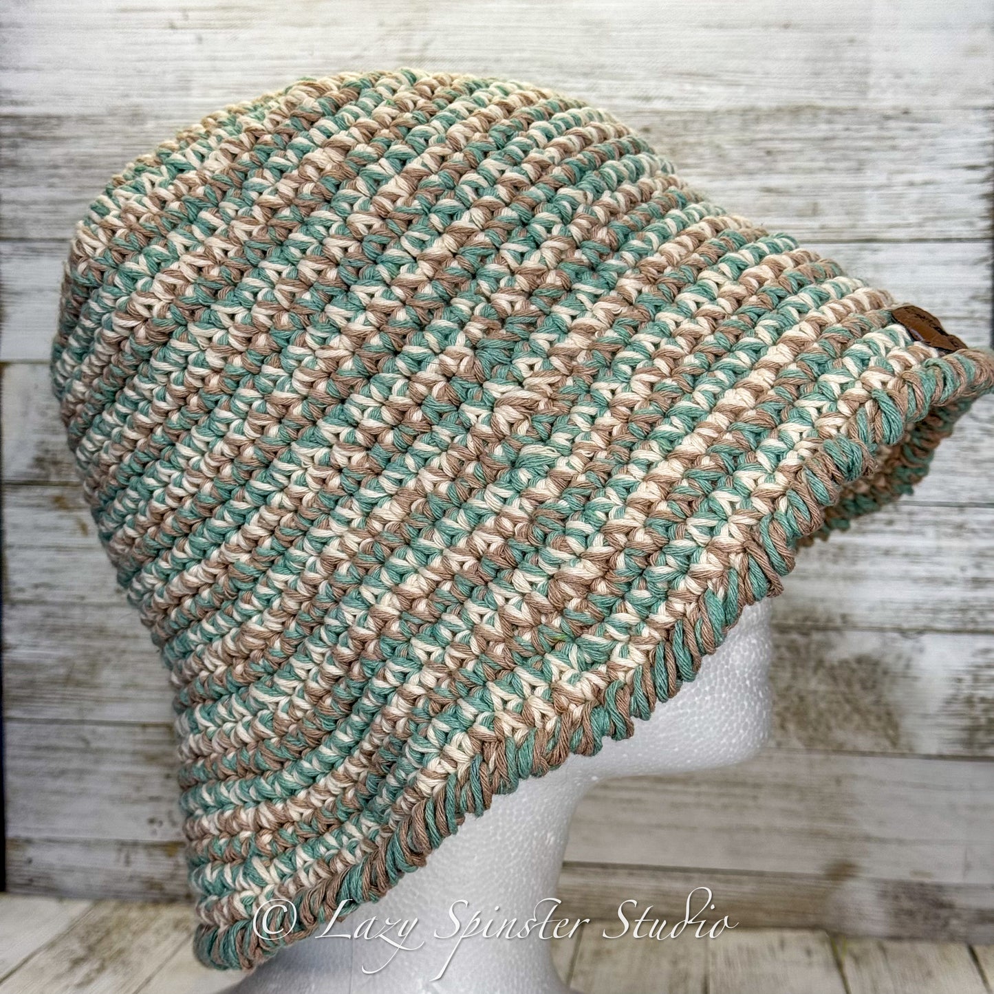 Crochet Bucket Hat; Green, White and Brown