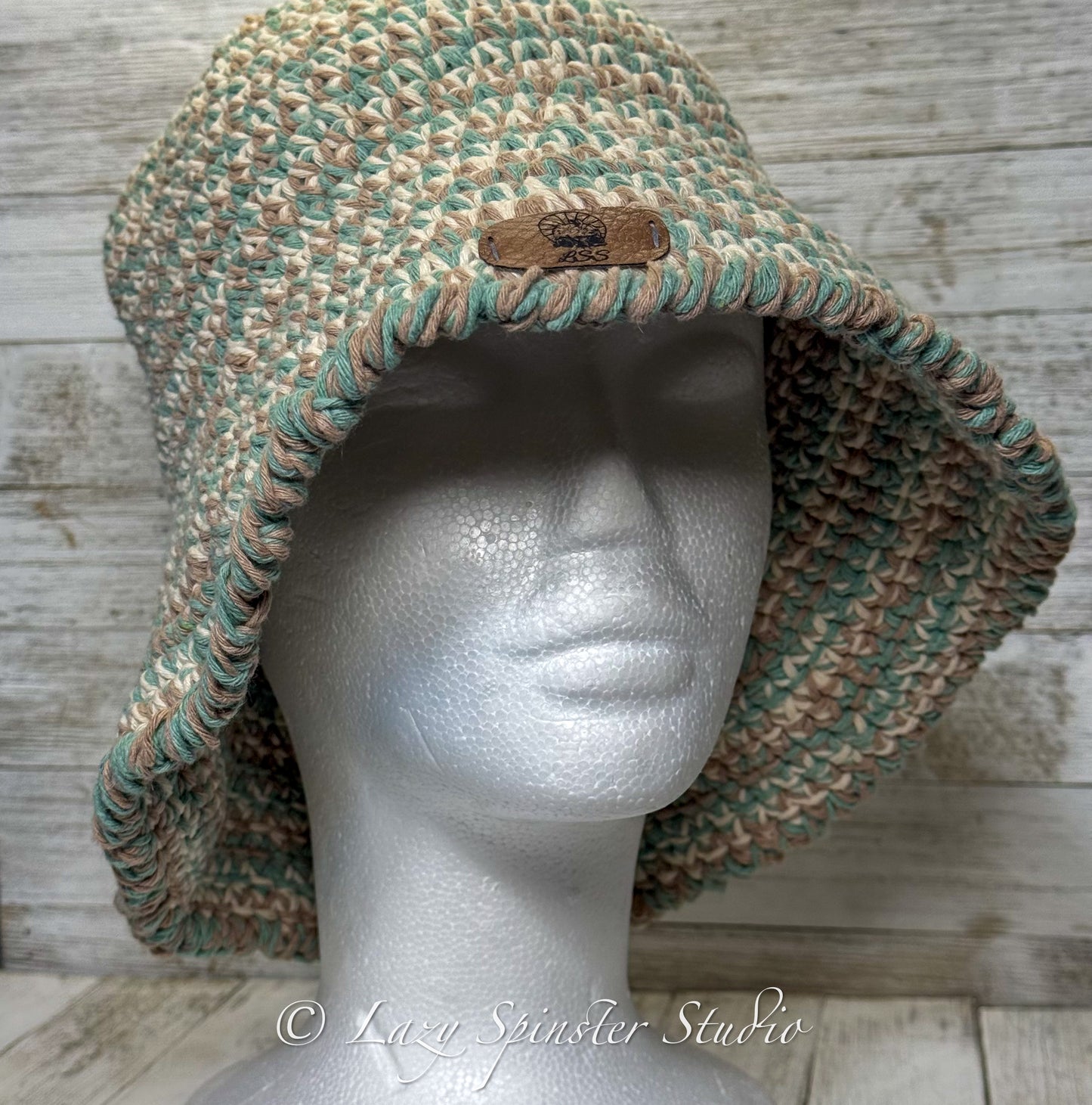 Crochet Bucket Hat; Green, White and Brown